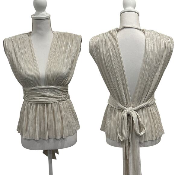 Sabina Musayev NWT Shelby Top Off-White Metallic Pleated Wrap Blouse Preppy Glam - Picture 1 of 10